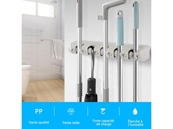 Vente Unique Porte Balais Mural Avec 5 Emplacements Et 6 Crochets/Support Balais Mural Pour Salle De Bain Cuisine Ou Garage-Blanc