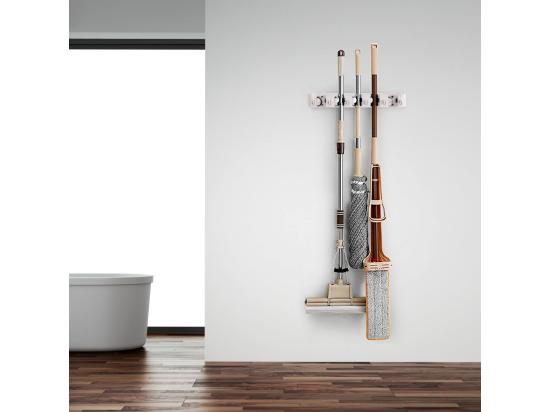 Vente Unique Porte Balais Mural Avec 5 Emplacements Et 6 Crochets/Support Balais Mural Pour Salle De Bain Cuisine Ou Garage-Blanc