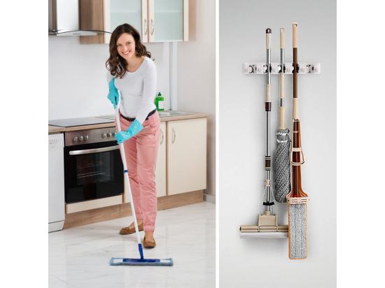 vente unique Porte Balais Mural avec 5 Emplacements et 6 Crochets/Support Balais Mural pour Salle de Bain Cuisine ou Garage-Blanc