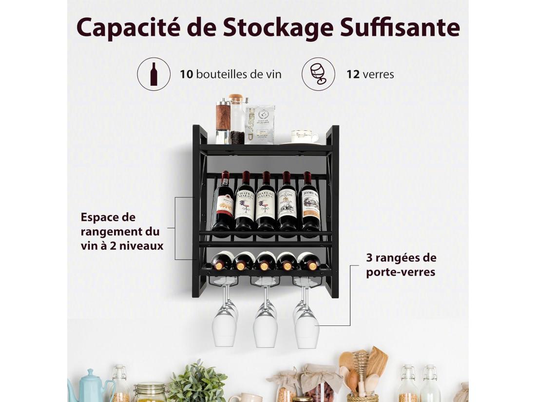 Vente Unique Porte-bouteilles Mural Industriel Porte-bouteilles 2 Niveaux Et 3 Rangées De Porte-verres