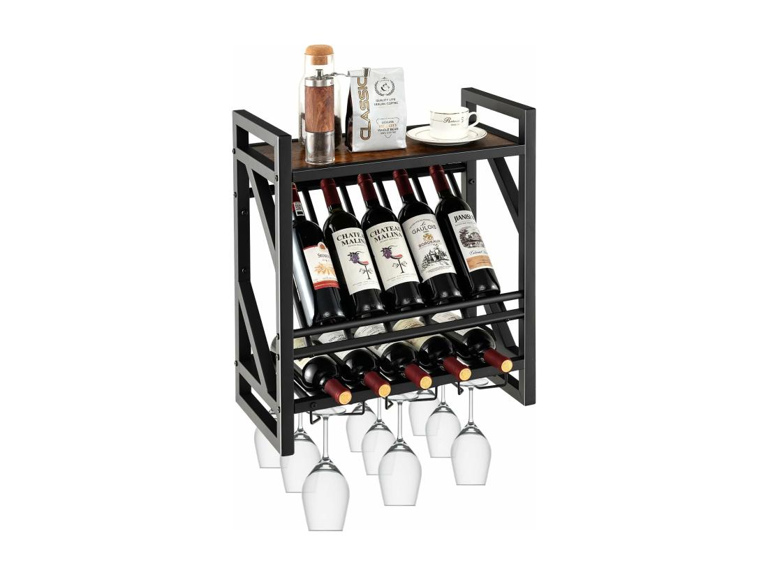 Vente Unique Porte-bouteilles Mural Industriel Porte-bouteilles 2 Niveaux Et 3 Rangées De Porte-verres