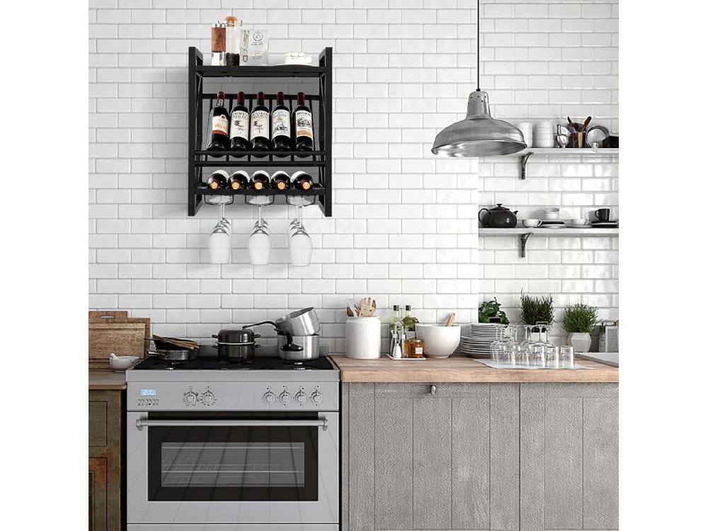 vente unique Porte-bouteilles mural industriel porte-bouteilles 2 niveaux et 3 rangées de porte-verres