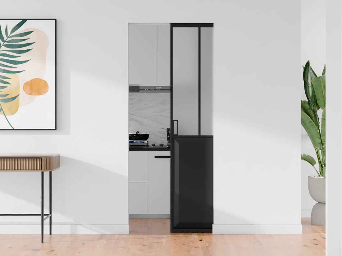 Vente Unique Porte Coulissante Atelier Avec Système à Galandage - Noir Et Verre Trempé Dépoli - H205 X L93 Cm - ARTISTO II