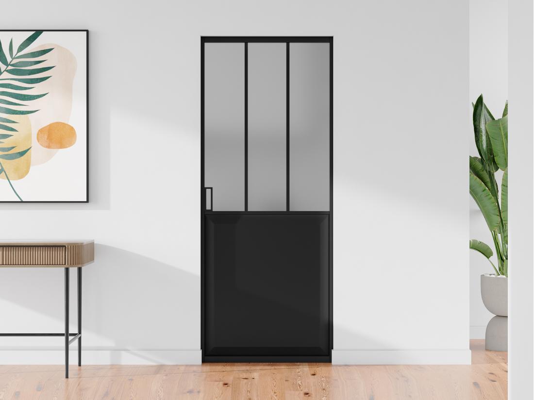 vente unique Porte coulissante atelier avec système à galandage - Noir et verre trempé dépoli - H205 x L73 cm - ARTISTO II