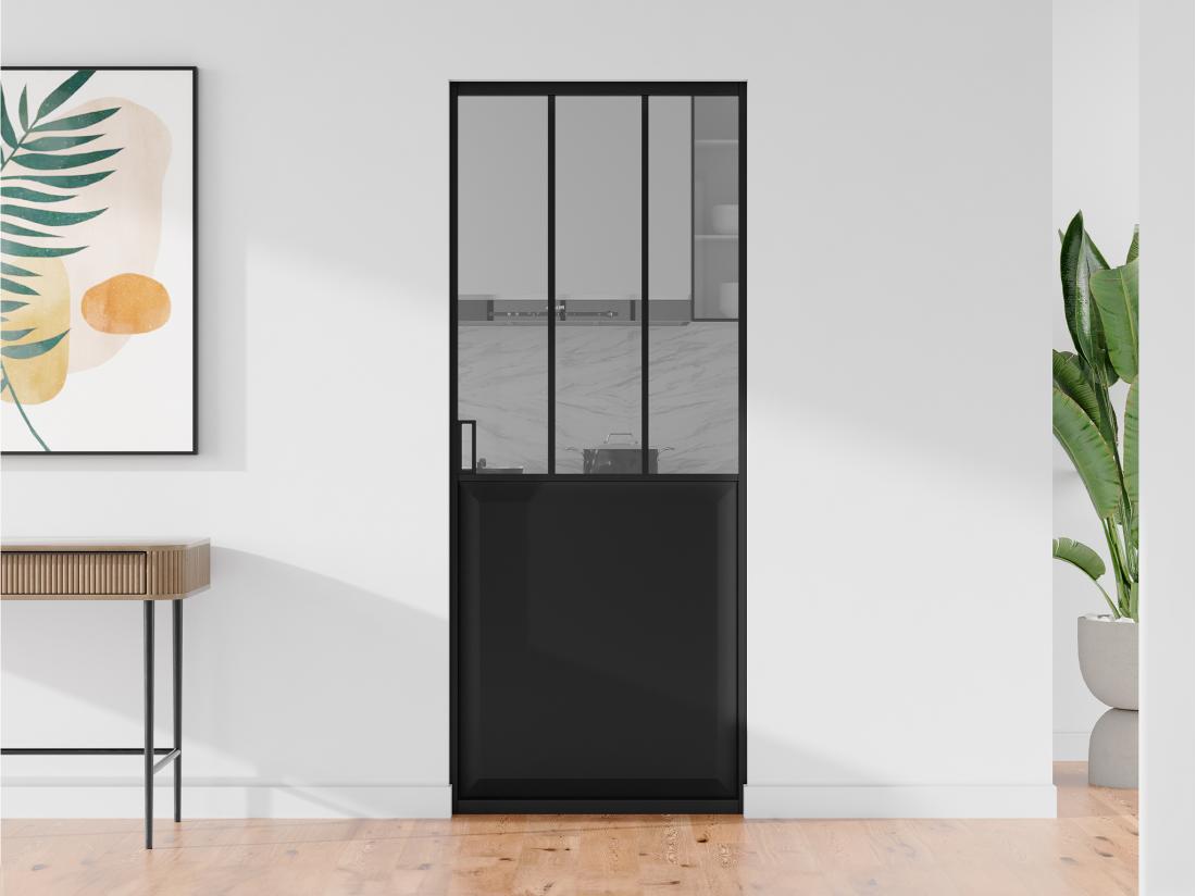 vente unique Porte coulissante atelier avec système à galandage - Noir et verre trempé - H205 x L83 cm - ARTISTO II