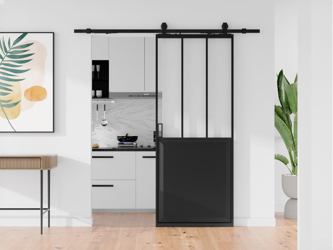 Vente Unique Porte Coulissante Atelier Avec Système En Applique - Noir Et Verre Trempé - H205 X L93 Cm - ARTISTO II