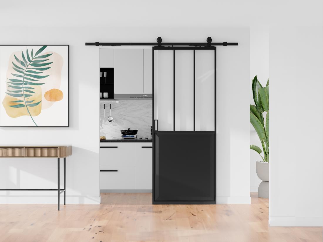 Vente Unique Porte Coulissante Atelier Avec Système En Applique - Noir Et Verre Trempé Dépoli - H205 X L83 Cm - ARTISTO II