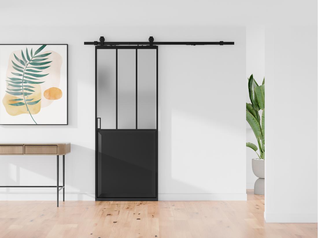 vente unique Porte coulissante atelier avec système en applique - Noir et verre trempé dépoli - H205 x L83 cm - ARTISTO II