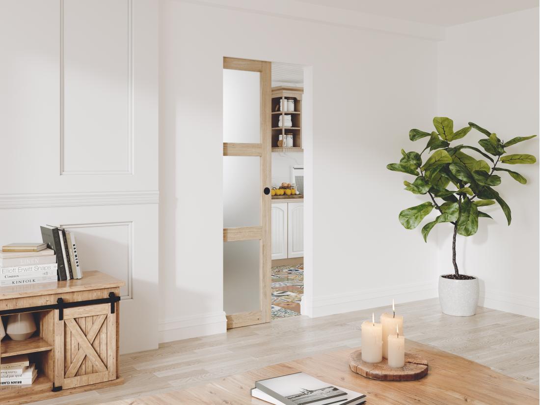 Vente Unique Porte Coulissante Avec Système à Galandage En Bois Et Verre Trempé Dépoli - 3 Fenêtres - H205 X L63 Cm - ACOSTA II