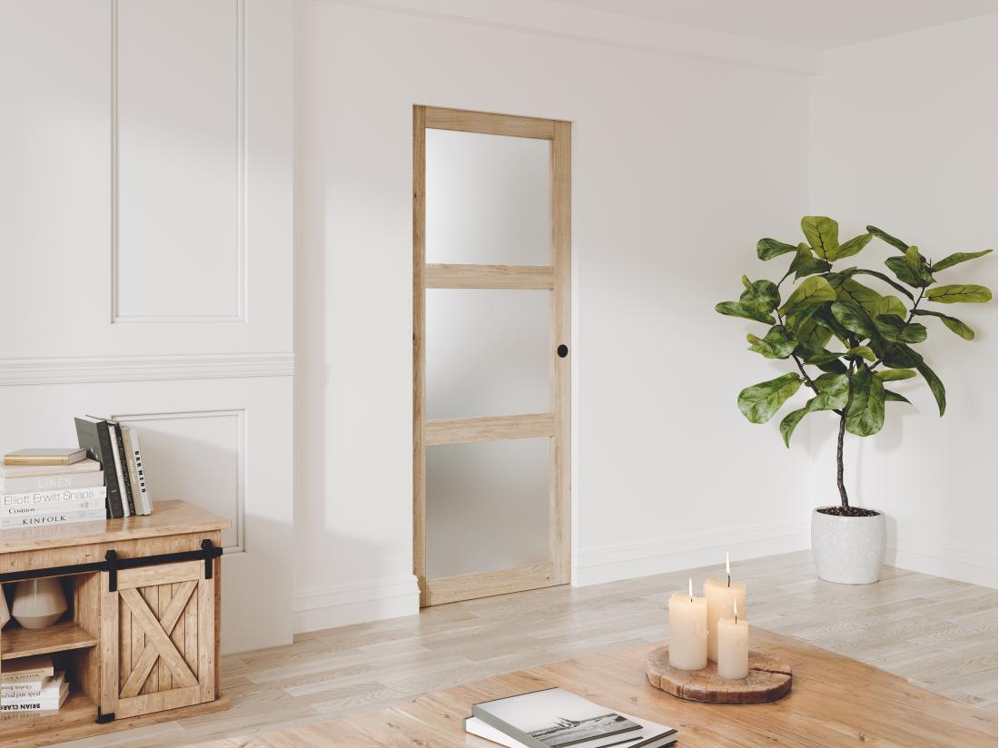 vente unique Porte coulissante avec système à galandage en bois et verre trempé dépoli - 3 fenêtres - H205 x L93 cm - ACOSTA II