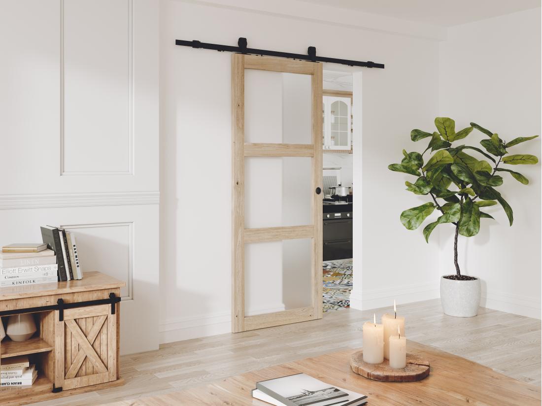 Vente Unique Porte Coulissante Avec Système En Applique En Bois Et Verre Trempé Dépoli - 3 Fenêtres - H205 X L93 Cm - ACOSTA II