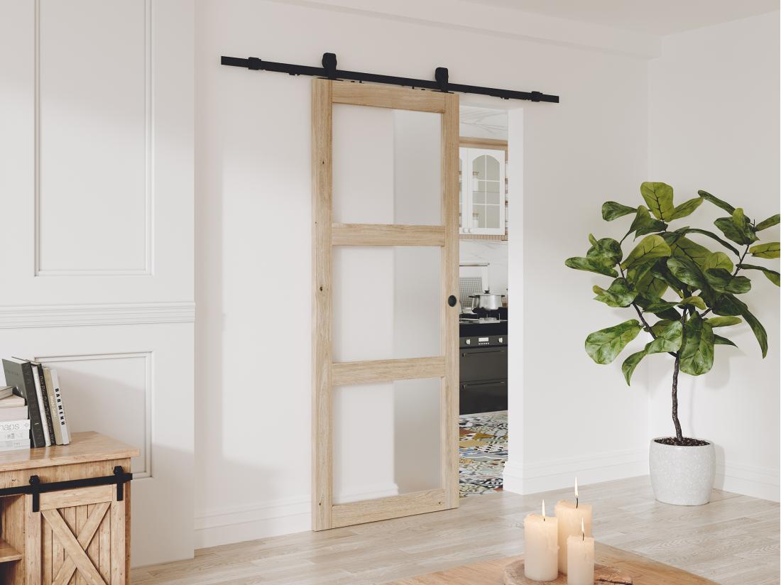 vente unique Porte coulissante avec système en applique en bois et verre trempé dépoli - 3 fenêtres - H205 x L93 cm - ACOSTA II