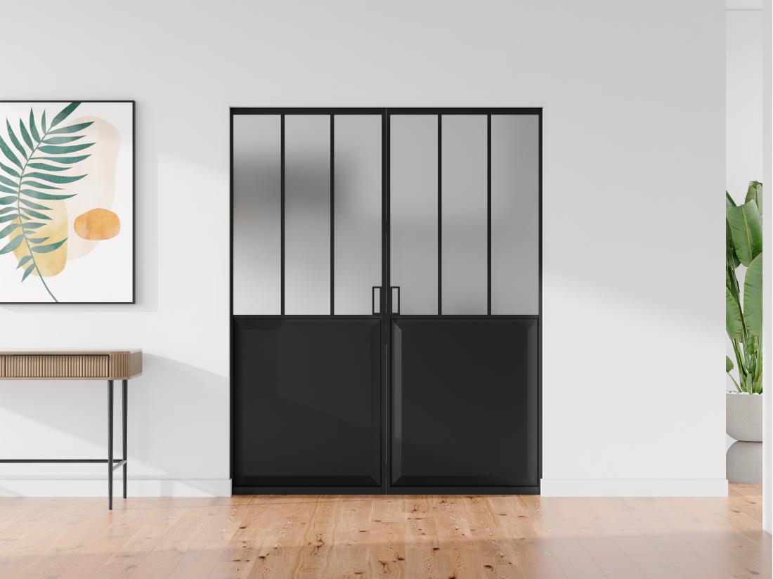 vente unique Porte coulissante double atelier avec système à galandage - Noir et verre trempé dépoli - 2 x H205 x L73 cm - ARTISTO II