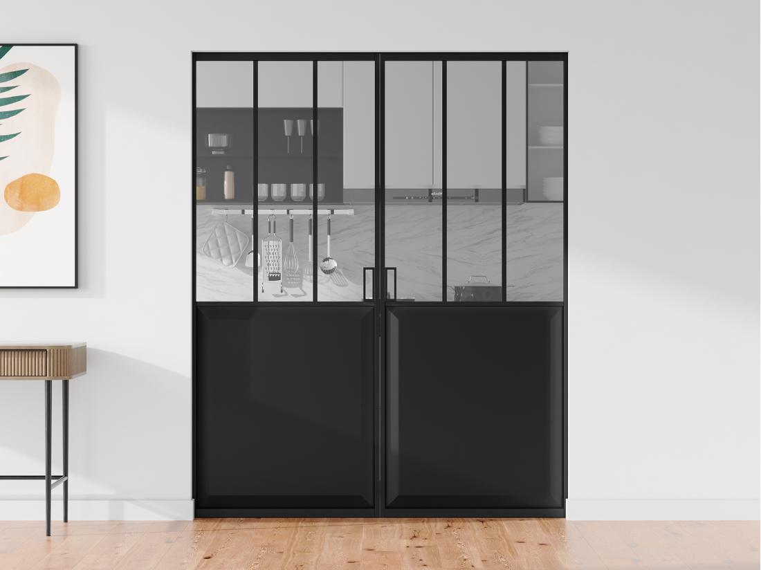 vente unique Porte coulissante double atelier avec système à galandage - Noir et verre trempé - 2 x H205 x L93 cm - ARTISTO II