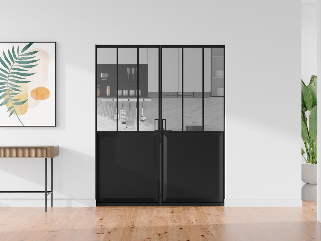 vente unique Porte coulissante double atelier avec système à galandage - Noir et verre trempé - 2 x H205 x L63 cm - ARTISTO II