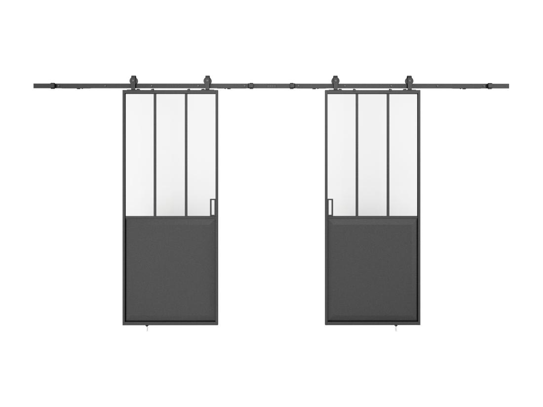 Vente Unique Porte Coulissante Double Atelier Avec Système En Applique - Noir Et Verre Trempé - 2 X H205 X L83 Cm - ARTISTO II
