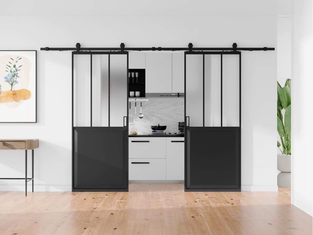vente unique Porte coulissante double atelier avec système en applique - Noir et verre trempé dépoli - 2 x H205 x L83 cm - ARTISTO II