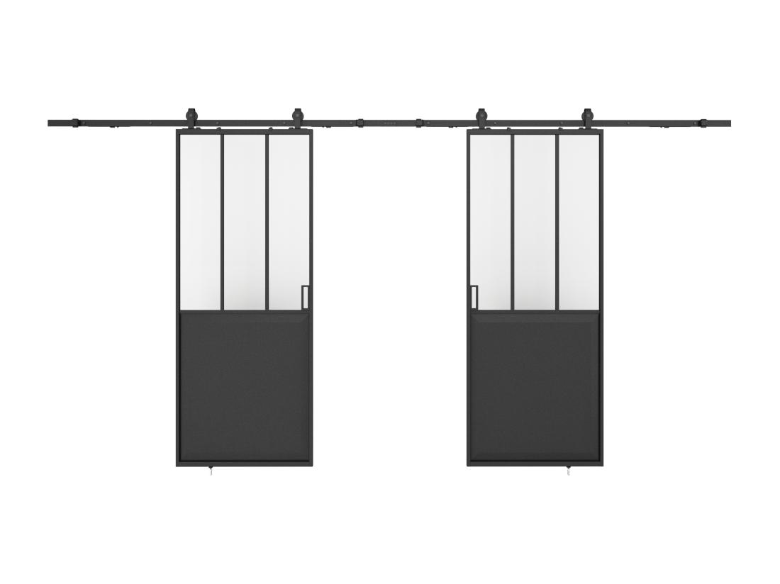 Vente Unique Porte Coulissante Double Atelier Avec Système En Applique - Noir Et Verre Trempé - 2 X H205 X L73 Cm - ARTISTO II
