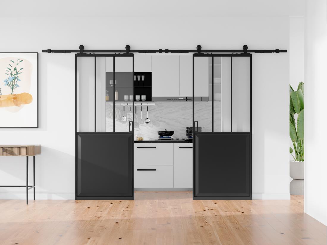 vente unique Porte coulissante double atelier avec système en applique - Noir et verre trempé - 2 x H205 x L73 cm - ARTISTO II