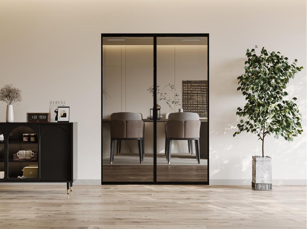 vente unique Porte coulissante double avec système à galandage - aluminium et verre trempé fumé - 2 x H205 x L63 cm - LINCI II