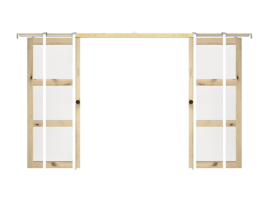 Vente Unique Porte Coulissante Double Avec Système à Galandage En Bois Et Verre Trempé Dépoli - 3 Fenêtres - 2 X H205 X L63 Cm - ACOSTA II