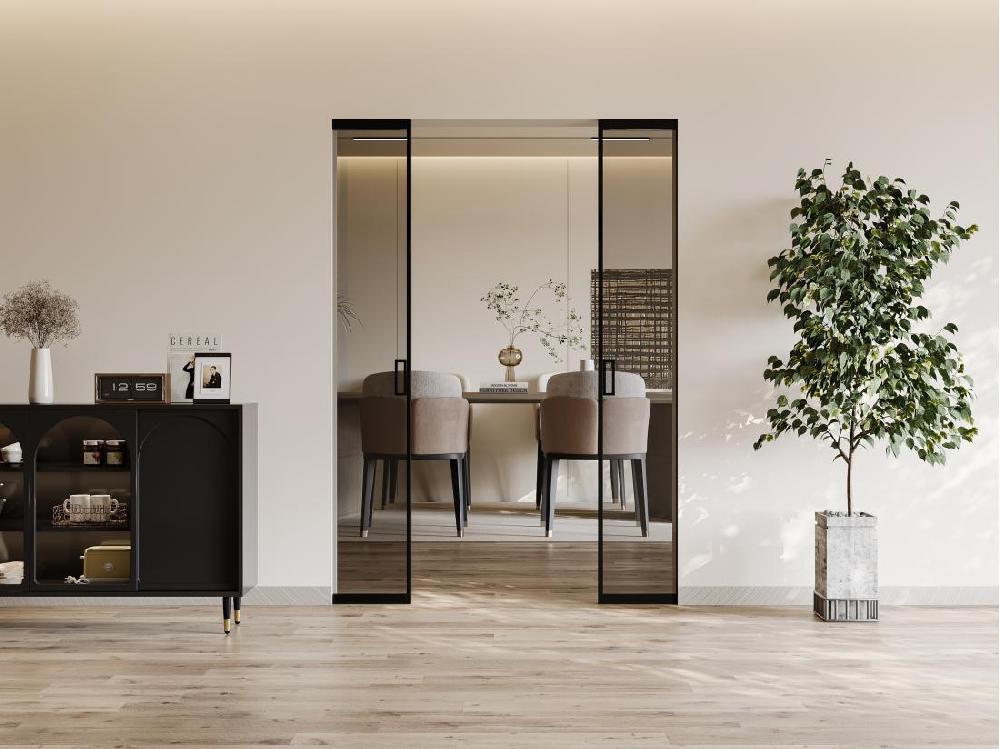 Vente Unique Porte Coulissante Double Avec Système à Galandage - Aluminium Et Verre Trempé Fumé - 2 X H205 X L73 Cm - LINCI II