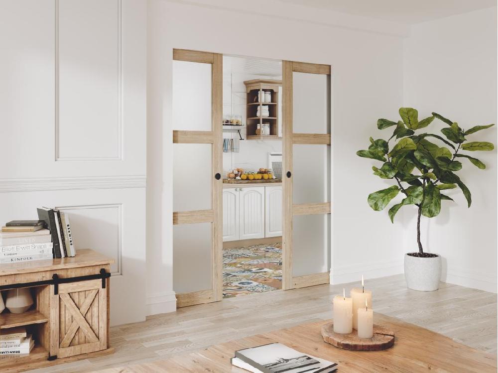 Vente Unique Porte Coulissante Double Avec Système à Galandage En Bois Et Verre Trempé Dépoli - 3 Fenêtres - 2 X H205 X L73 Cm - ACOSTA II