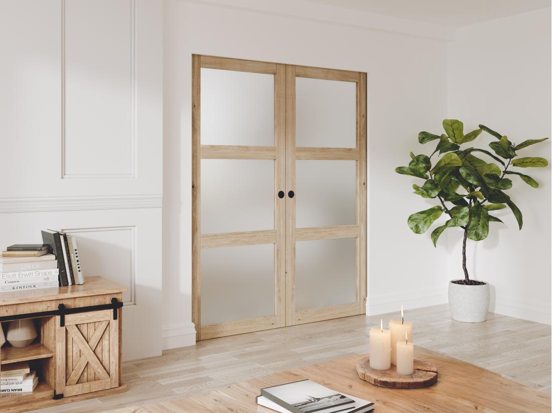 vente unique Porte coulissante double avec système à galandage en bois et verre trempé dépoli - 3 fenêtres - 2 x H205 x L73 cm - ACOSTA II
