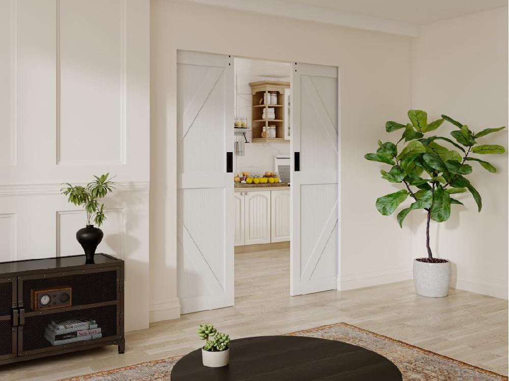 Vente Unique Porte Coulissante Double Avec Système à Galandage En Bois Et MDF - Blanc - 2 X H205 X 83 Cm - NEFARA