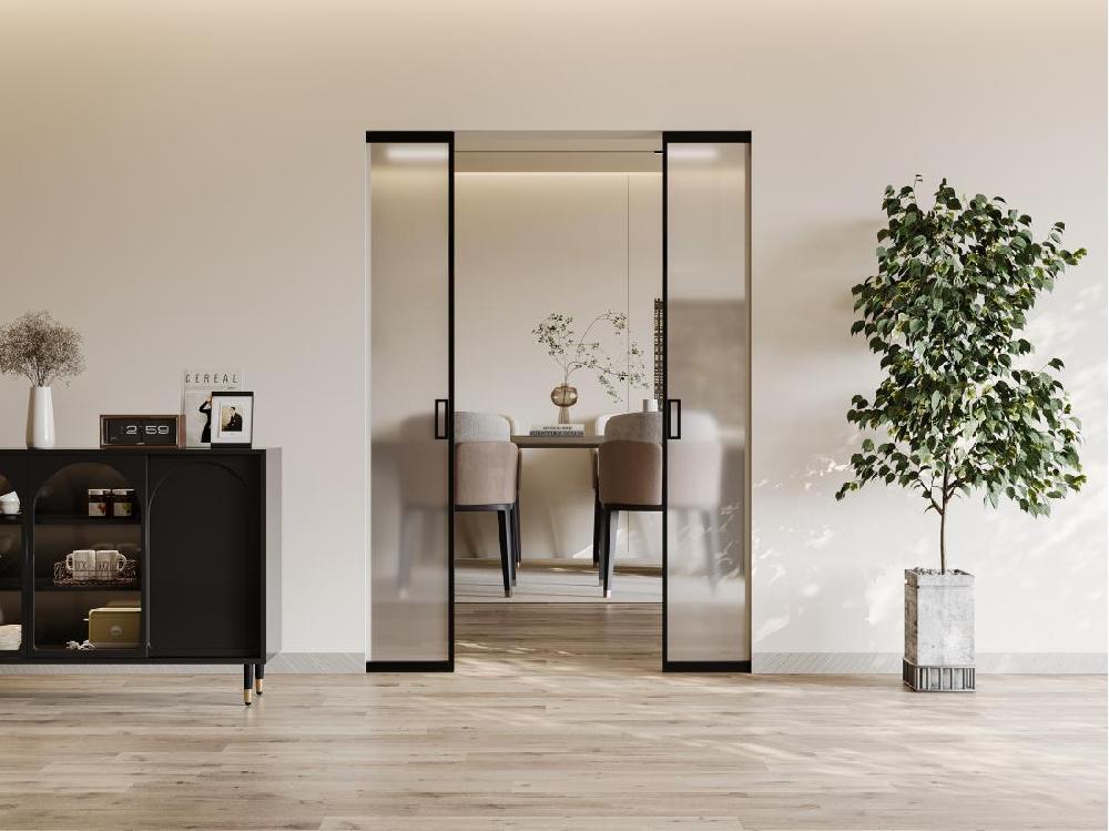 Vente Unique Porte Coulissante Double Avec Système à Galandage - Aluminium Et Verre Trempé Dépoli - 2 X H205 X L63 Cm - LINCI II