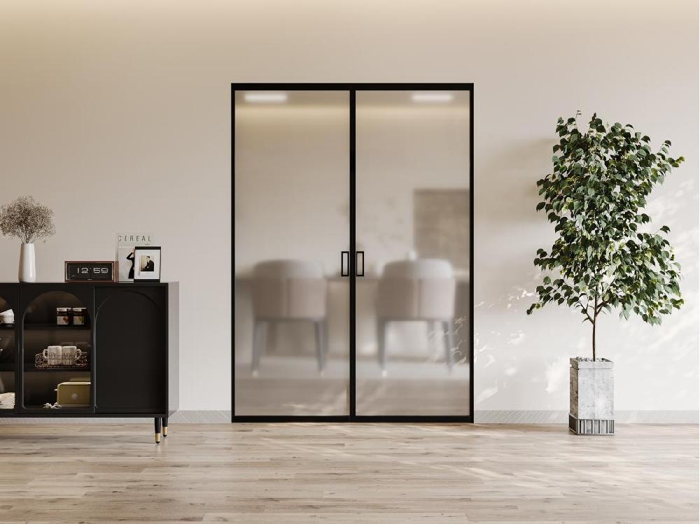 vente unique Porte coulissante double avec système à galandage - aluminium et verre trempé dépoli - 2 x H205 x L63 cm - LINCI II