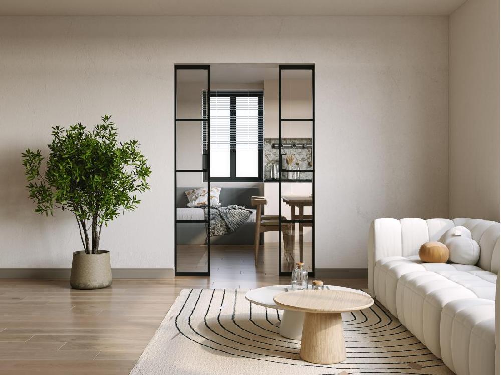 Vente Unique Porte Coulissante Double Avec Système à Galandage En Aluminium Et Verre Trempé - 2 X H205 X L73 Cm - WILDEN II