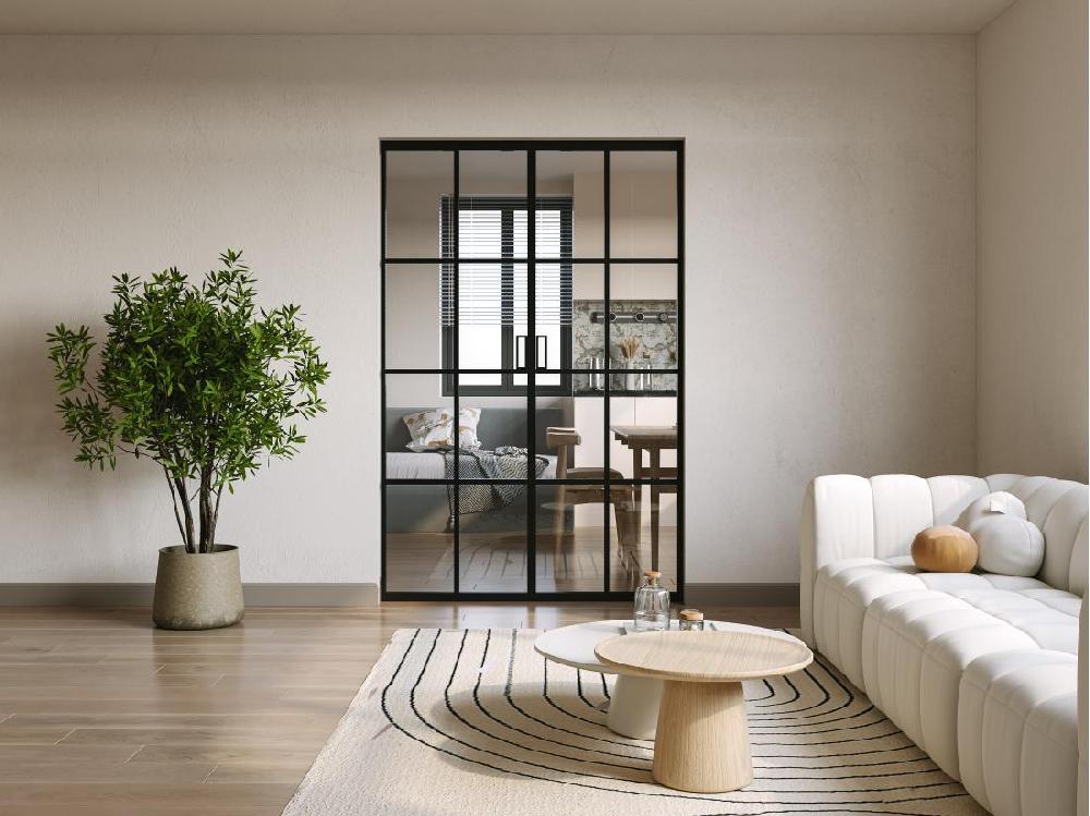 vente unique Porte coulissante double avec système à galandage en aluminium et verre trempé - 2 x H205 x L73 cm - WILDEN II