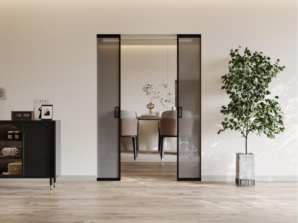Vente Unique Porte Coulissante Double Avec Système à Galandage - Aluminium Et Verre Trempé Fumé Dépoli - 2 X H205 X L83 Cm - LINCI II
