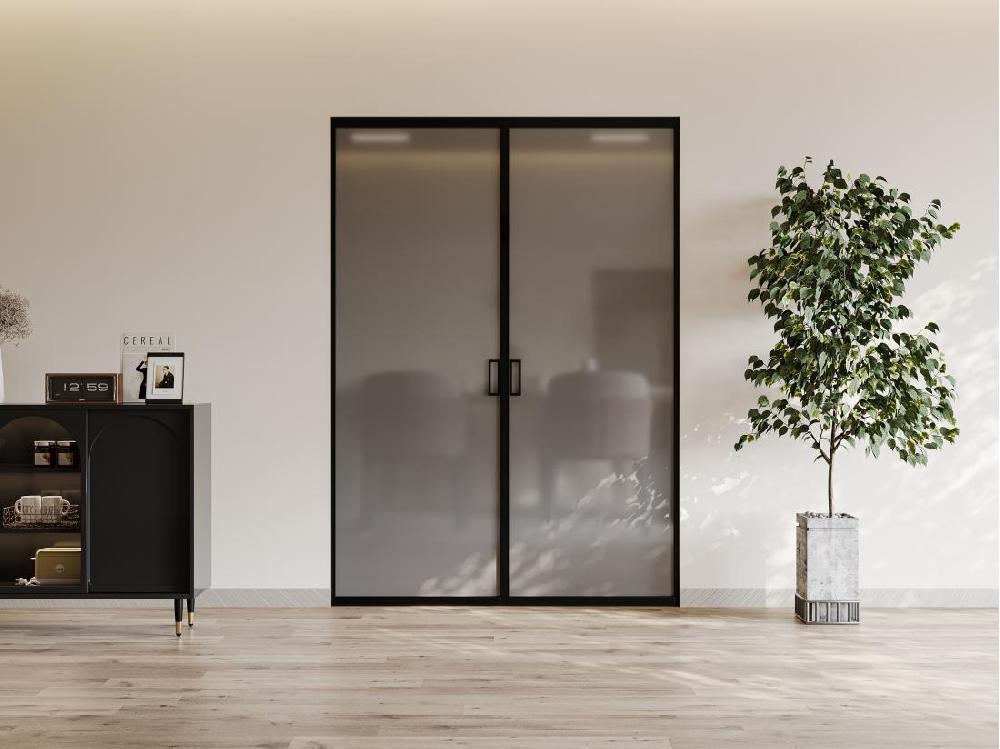 vente unique Porte coulissante double avec système à galandage - aluminium et verre trempé fumé dépoli - 2 x H205 x L83 cm - LINCI II