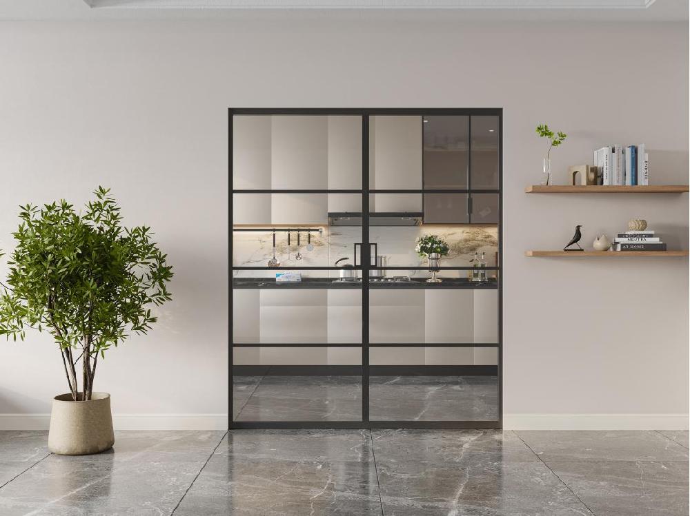 vente unique Porte coulissante double avec système à galandage - aluminium et verre trempé transparent - 2 x H205 x L73 cm - SINCA II