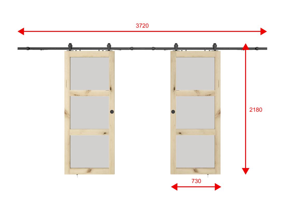 Vente Unique Porte Coulissante Double Avec Système En Applique En Bois Et Verre Trempé Dépoli - 3 Fenêtres - 2 X H205 X L73 Cm - ACOSTA II