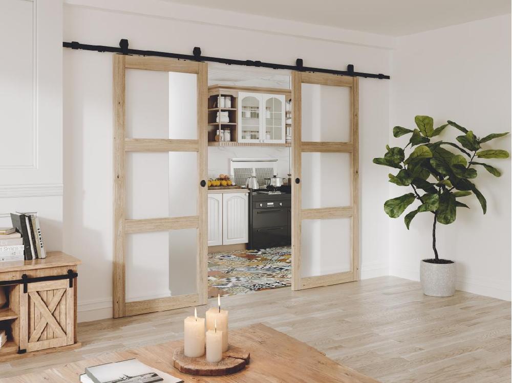 vente unique Porte coulissante double avec système en applique en bois et verre trempé dépoli - 3 fenêtres - 2 X H205 x L73 cm - ACOSTA II