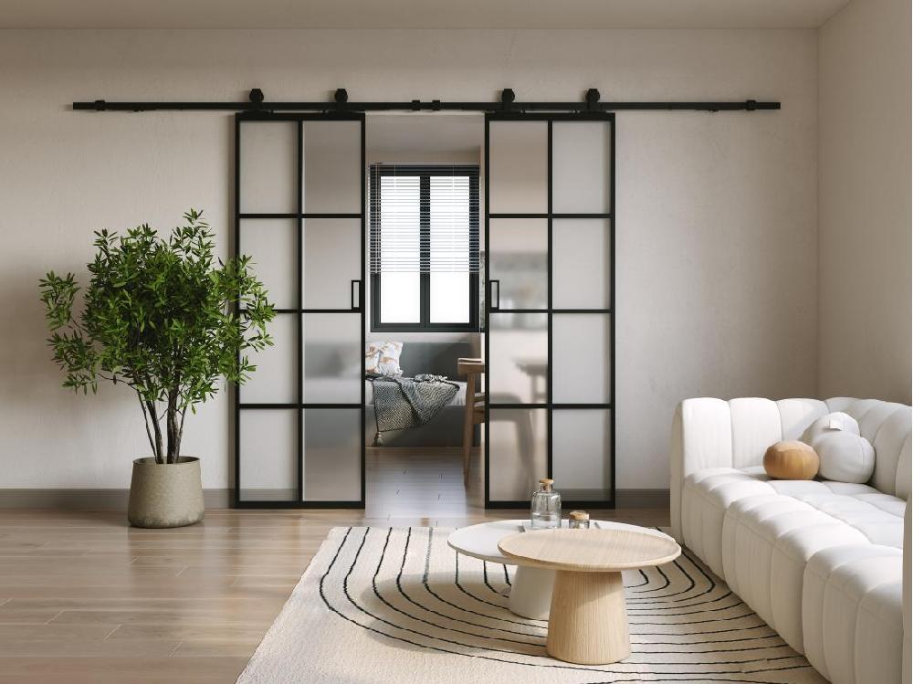 Vente Unique Porte Coulissante Double Avec Système En Applique - Aluminium Et Verre Trempé Dépoli - 2 X H205 X L93 Cm - WILDEN II