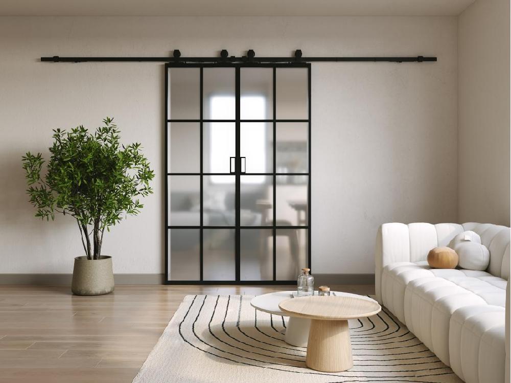vente unique Porte coulissante double avec système en applique - aluminium et verre trempé dépoli - 2 x H205 x L93 cm - WILDEN II