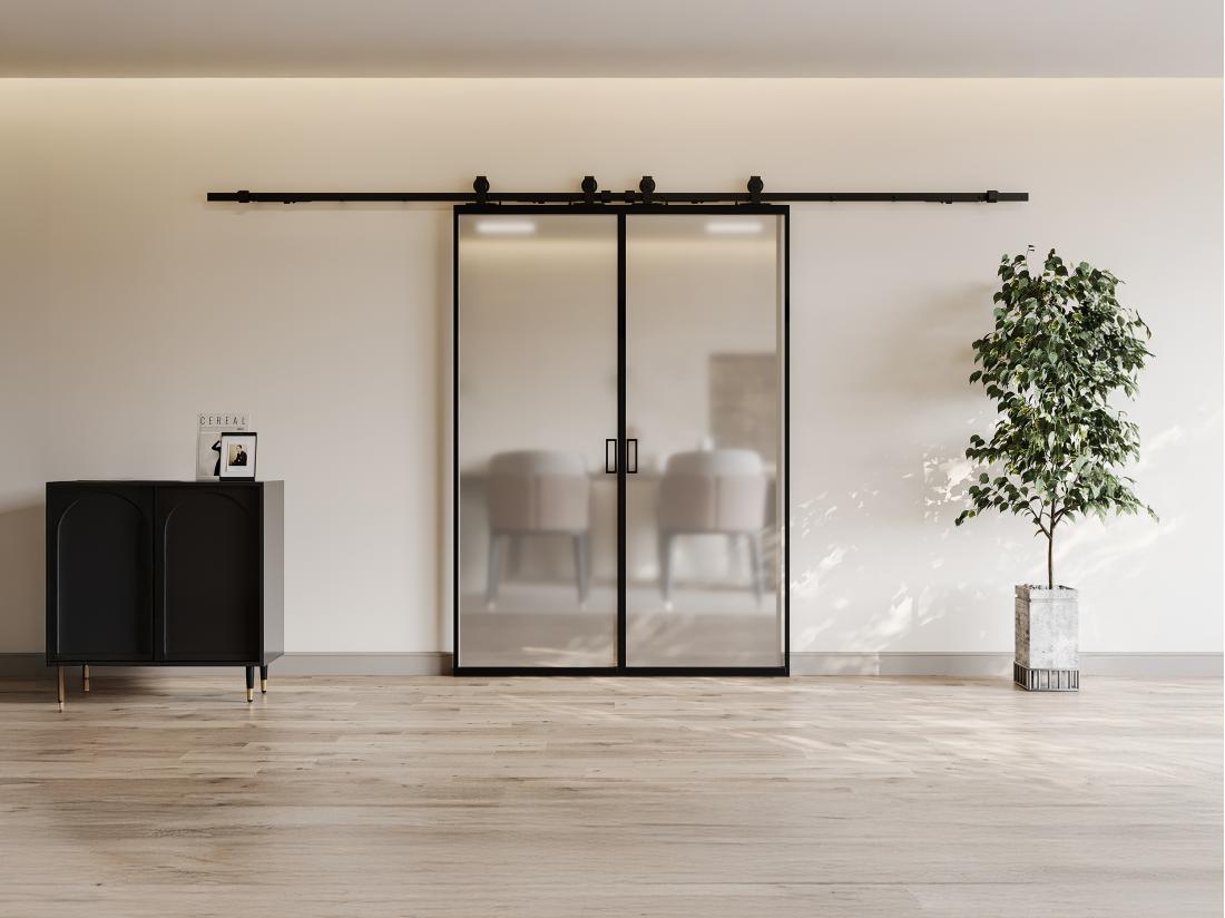 vente unique Porte coulissante double avec système en applique - aluminium et verre trempé dépoli - 2 x H205 x L63 cm - LINCI II