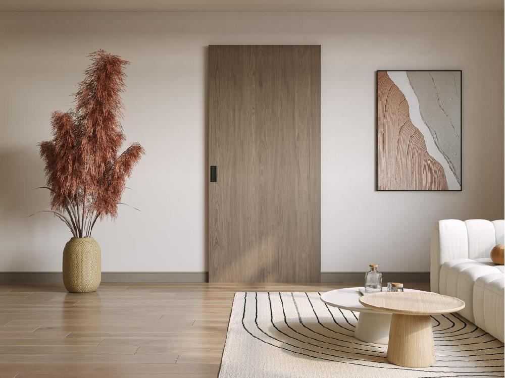 vente unique Porte coulissante en bois et MDF avec rail invisible - Chêne clair - 83 x 210 cm - BOCAZI