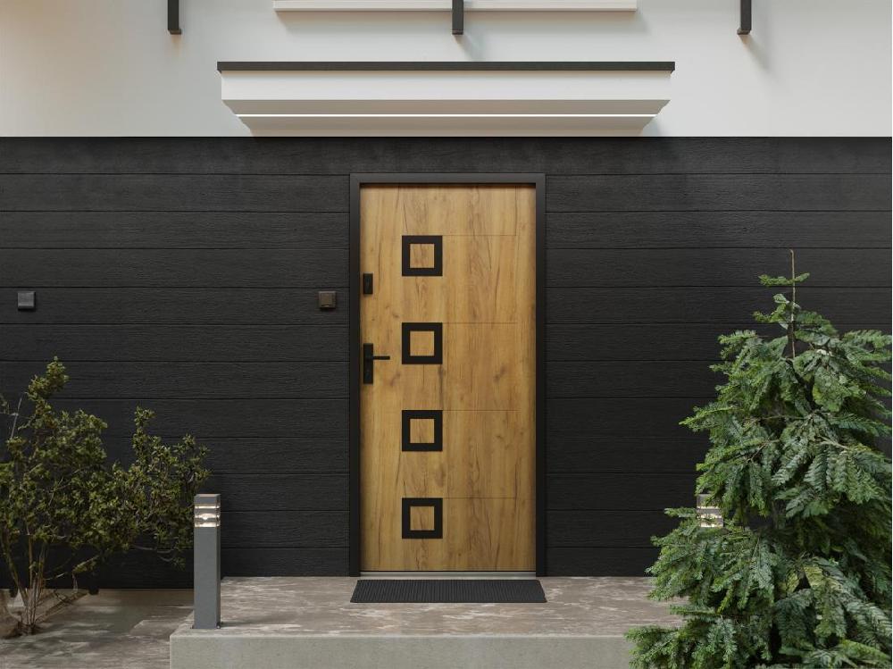 vente unique Porte d'entrée en acier avec inox H207 x L100 cm effet chêne - poussant droit - TIFANA