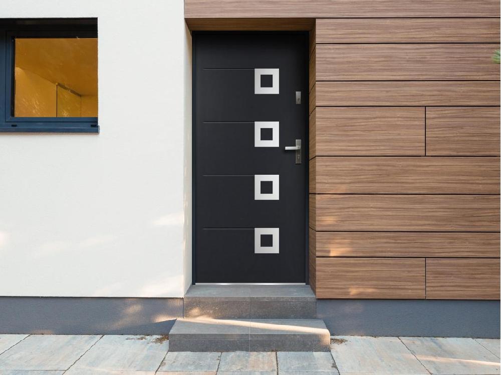 vente unique Porte d'entrée en acier avec inox L207 x L100 cm anthracite - poussant gauche - TIFANA