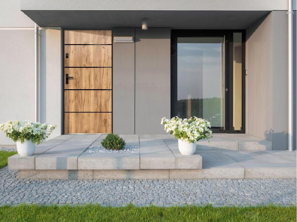 vente unique Porte d'entrée en acier pleine et inox H207 x L100 cm effet chêne - poussant droit - NAXARA