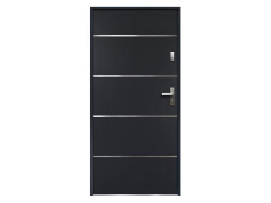 Vente Unique Porte D'entrée En Acier Pleine Et Inox H207 X L100 Cm Anthracite - Poussant Gauche - NAXARA