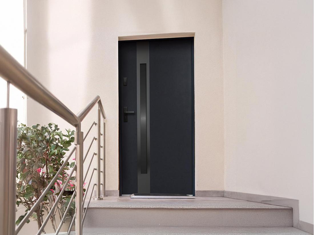 vente unique Porte d'entrée en acier pleine et inox H207 x L100 cm - verre fumé - noir et anthracite - poussant droit - BRAGA