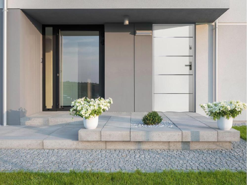 Vente Unique Porte D'entrée En Acier Pleine Et Inox H207 X L100 Cm Blanc - Poussant Gauche - NAXARA