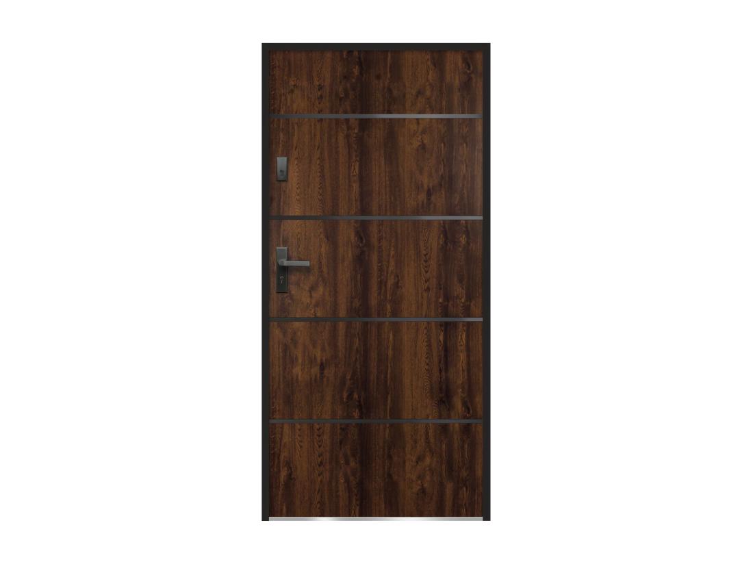 Vente Unique Porte D'entrée En Acier Pleine Et Inox H207 X L100 Cm Naturel Foncé - Poussant Droit - NAXARA