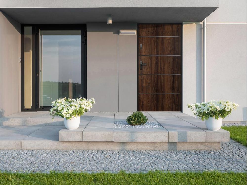 vente unique Porte d'entrée en acier pleine et inox H207 x L100 cm naturel foncé - poussant droit - NAXARA